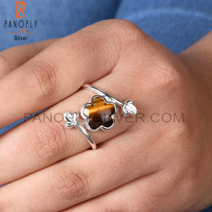 Tiger Eye Yellow By Pass Leaf 925 Sterling Silver Ring