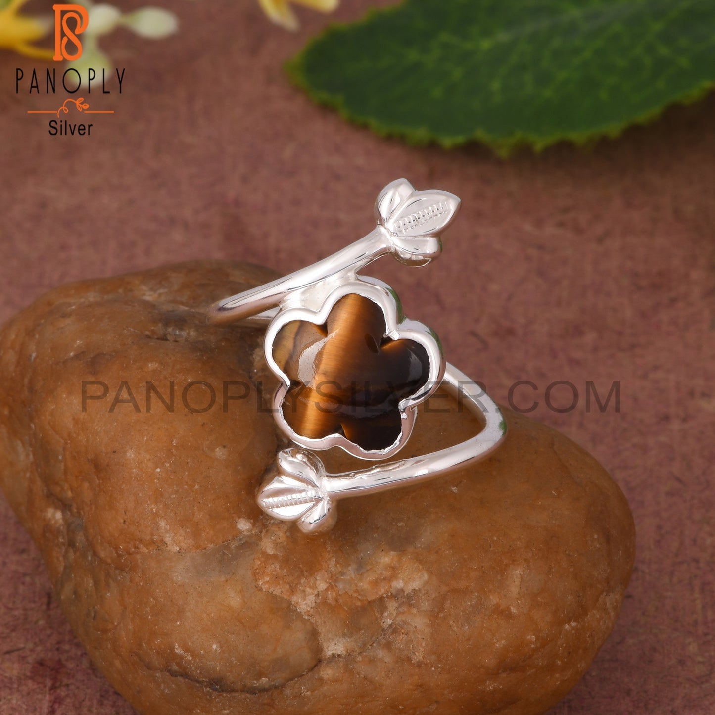 Tiger Eye Yellow By Pass Leaf 925 Sterling Silver Ring