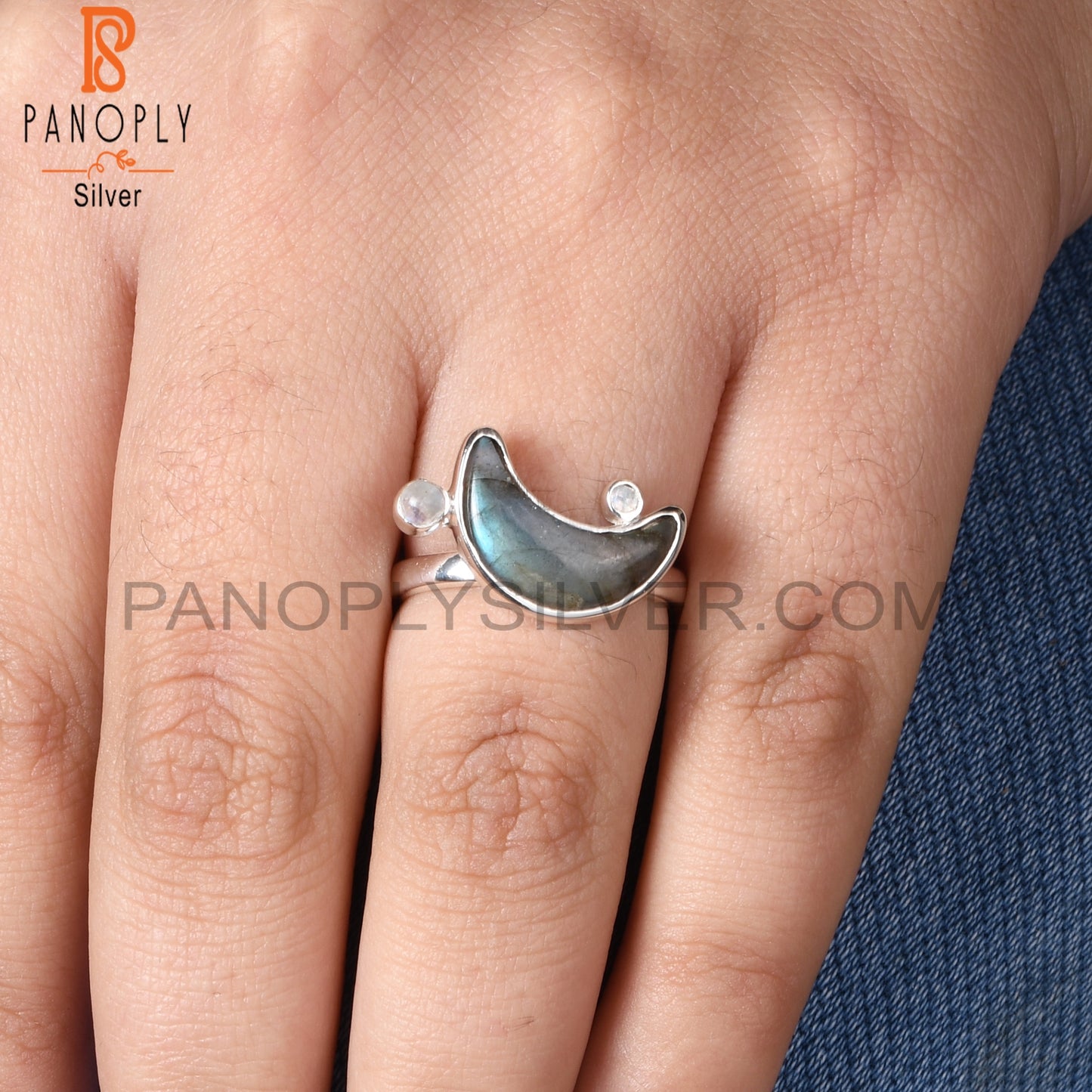 Rainbow Moonstone & Labradorite 925 Silver Moon Ring