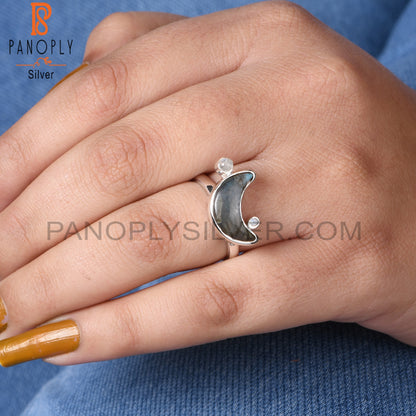 Rainbow Moonstone & Labradorite 925 Silver Moon Ring