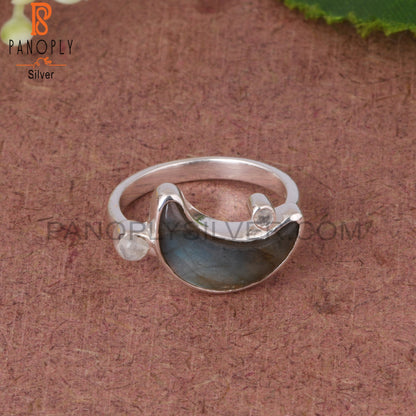 Rainbow Moonstone & Labradorite 925 Silver Moon Ring