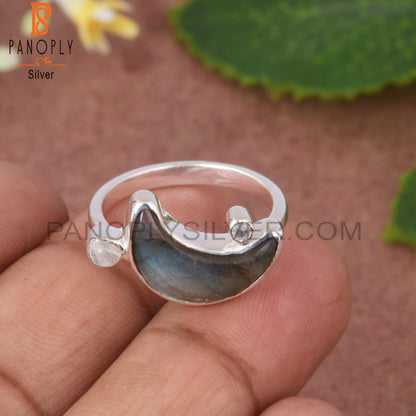 Rainbow Moonstone & Labradorite 925 Silver Moon Ring