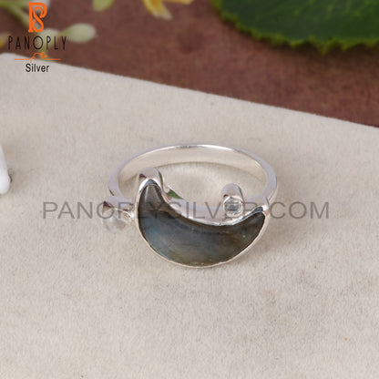 Rainbow Moonstone & Labradorite 925 Silver Moon Ring