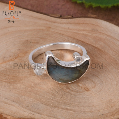 Rainbow Moonstone & Labradorite 925 Silver Moon Ring