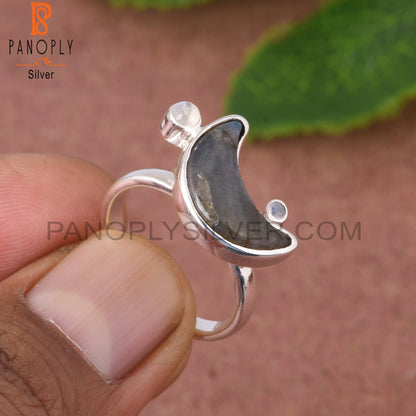 Rainbow Moonstone & Labradorite 925 Silver Moon Ring