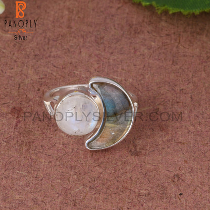 Rainbow Moonstone & Labradorite 925 Sterling Silver Moon Ring