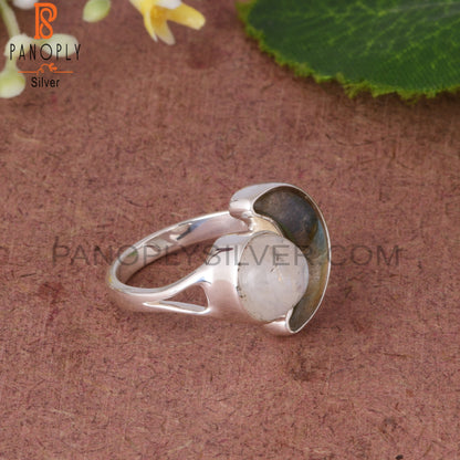 Rainbow Moonstone & Labradorite 925 Sterling Silver Moon Ring