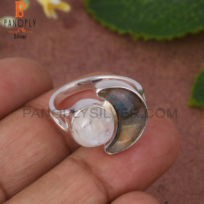 Rainbow Moonstone & Labradorite 925 Sterling Silver Moon Ring