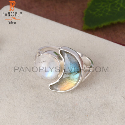 Rainbow Moonstone & Labradorite 925 Sterling Silver Moon Ring