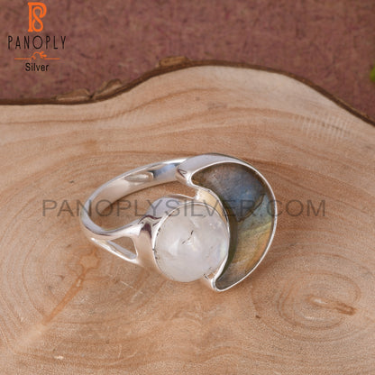 Rainbow Moonstone & Labradorite 925 Sterling Silver Moon Ring