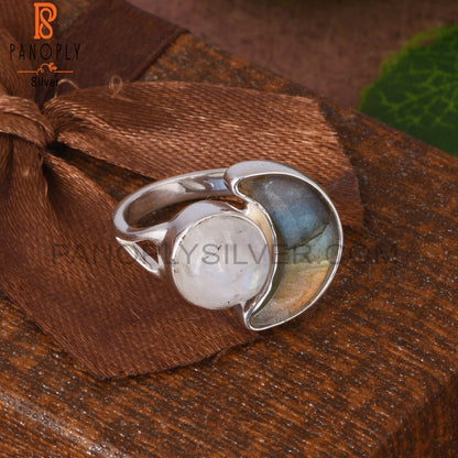 Rainbow Moonstone & Labradorite 925 Sterling Silver Moon Ring