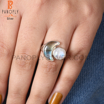 Rainbow Moonstone & Labradorite 925 Sterling Silver Moon Ring