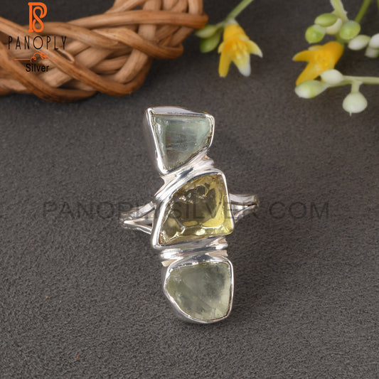 Lemon Topaz & Fluorite Rough 925 Sterling Silver Ring