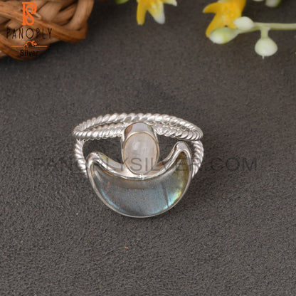 Twist Moon Rainbow Moonstone & Labradorite 925 Silver Ring