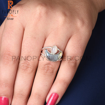 Twist Moon Rainbow Moonstone & Labradorite 925 Silver Ring