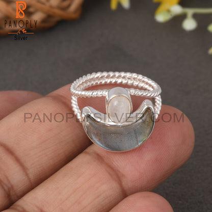 Twist Moon Rainbow Moonstone & Labradorite 925 Silver Ring