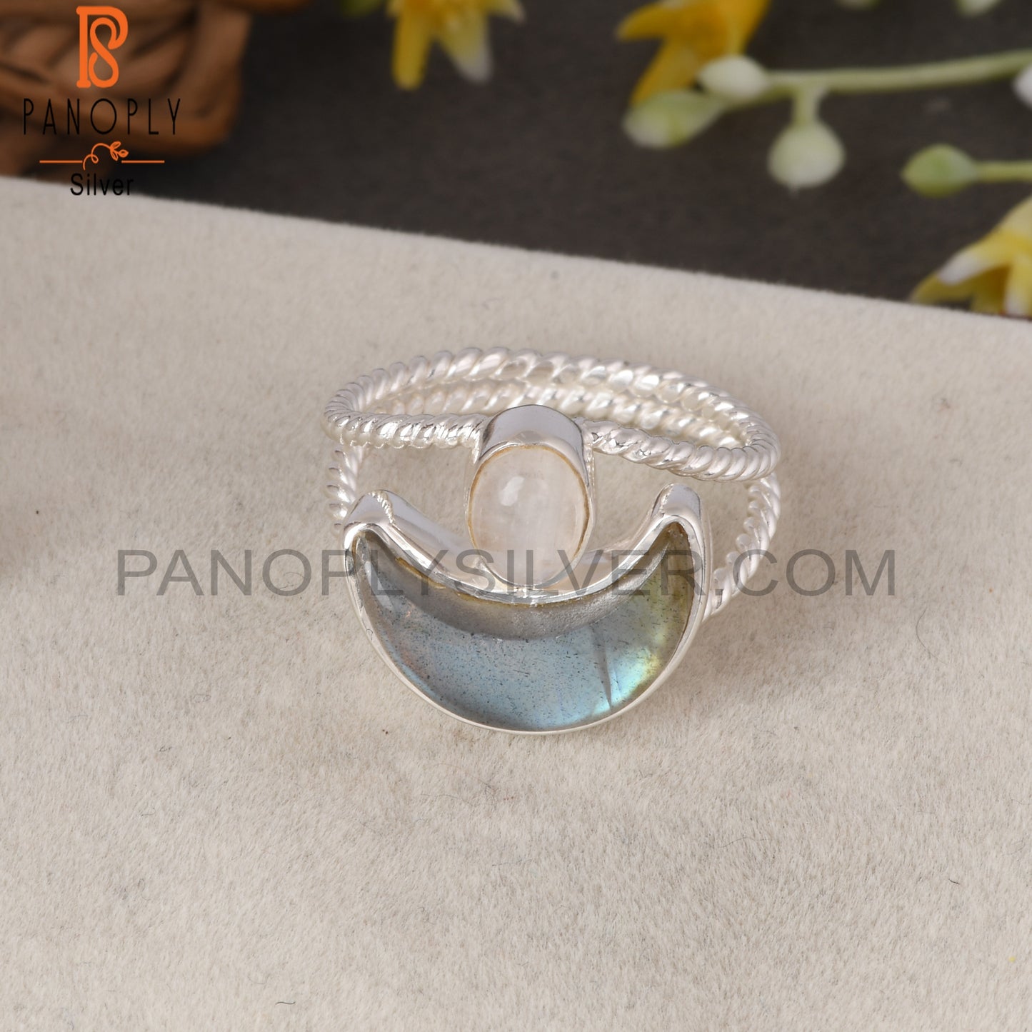 Twist Moon Rainbow Moonstone & Labradorite 925 Silver Ring