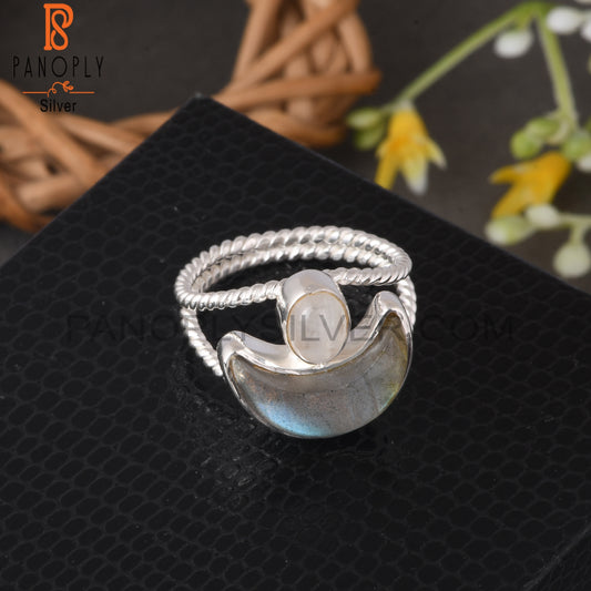 Twist Moon Rainbow Moonstone & Labradorite 925 Silver Ring