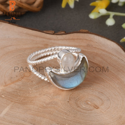 Twist Moon Rainbow Moonstone & Labradorite 925 Silver Ring