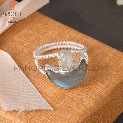 Twist Moon Rainbow Moonstone & Labradorite 925 Silver Ring