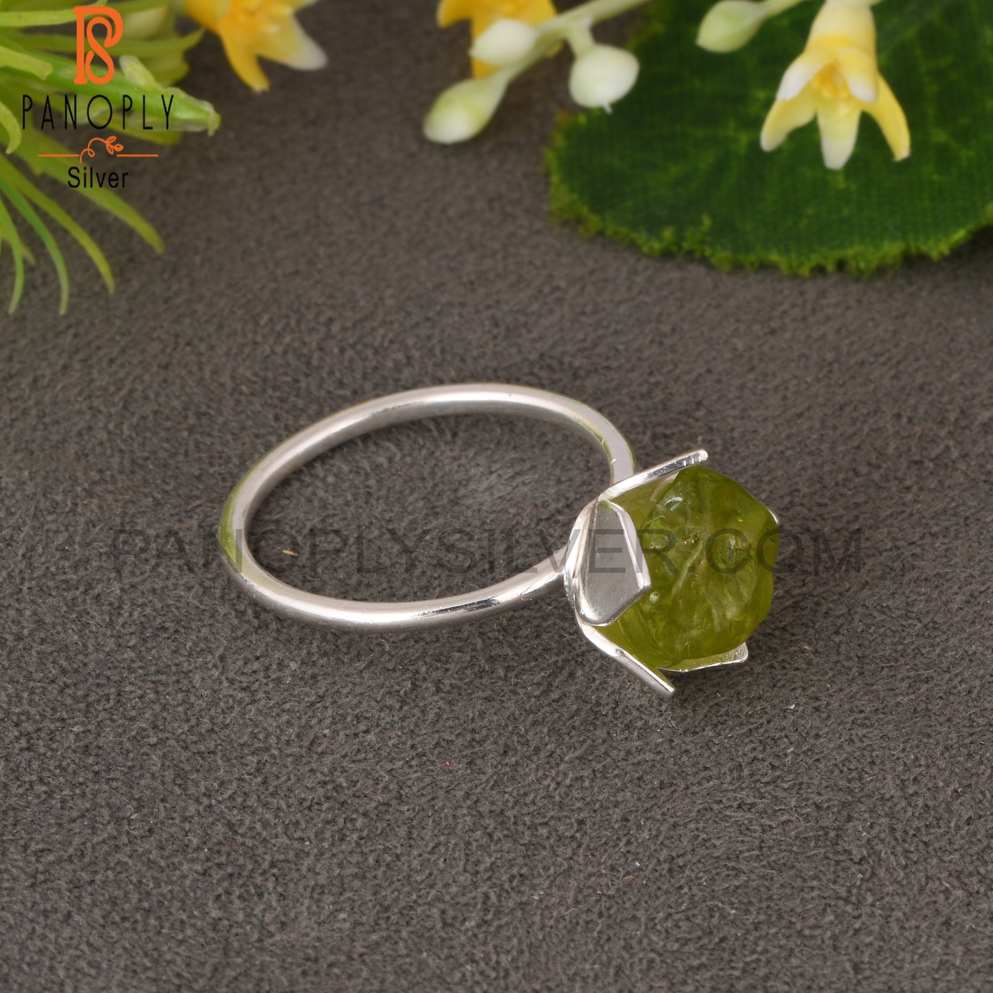 Peridot Rough 925 Sterling Silver Lotus Ring