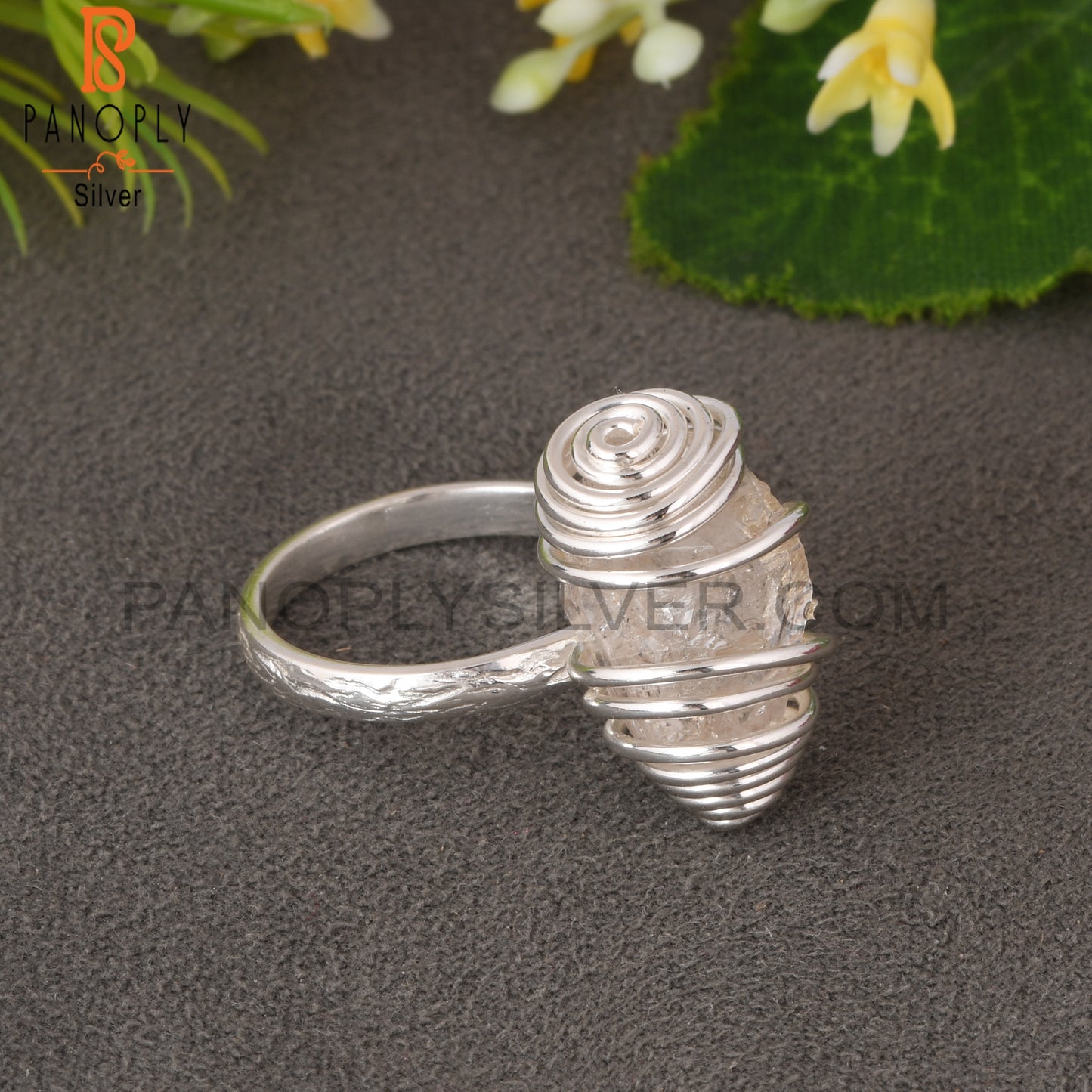 Herkimer Diamond Rough Spiral Wire Cover 925 Silver Ring