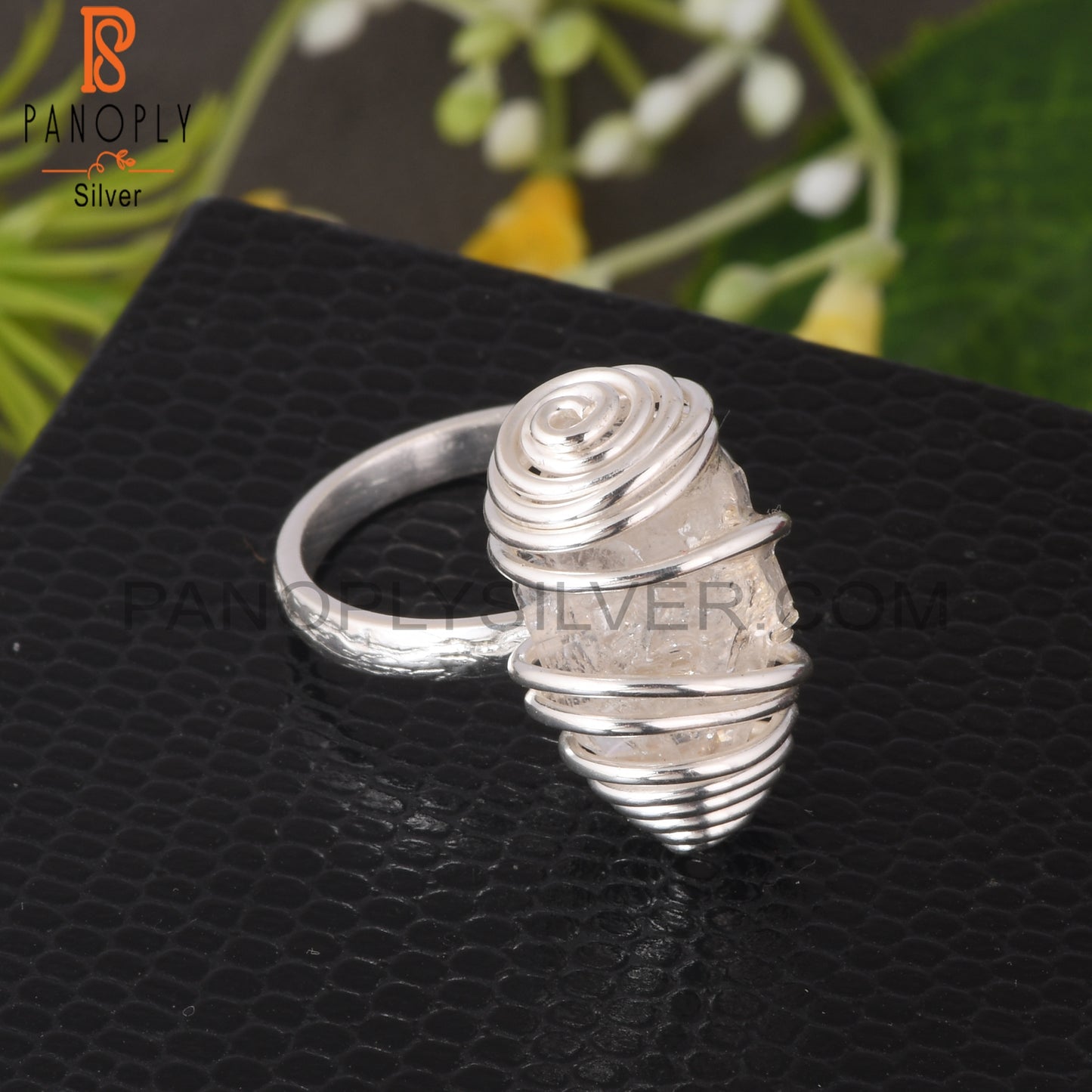 Herkimer Diamond Rough Spiral Wire Cover 925 Silver Ring