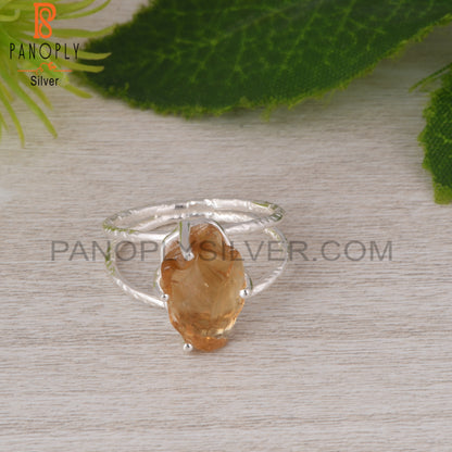 Citrine Rough 925 Sterling Silver Two Band Ring