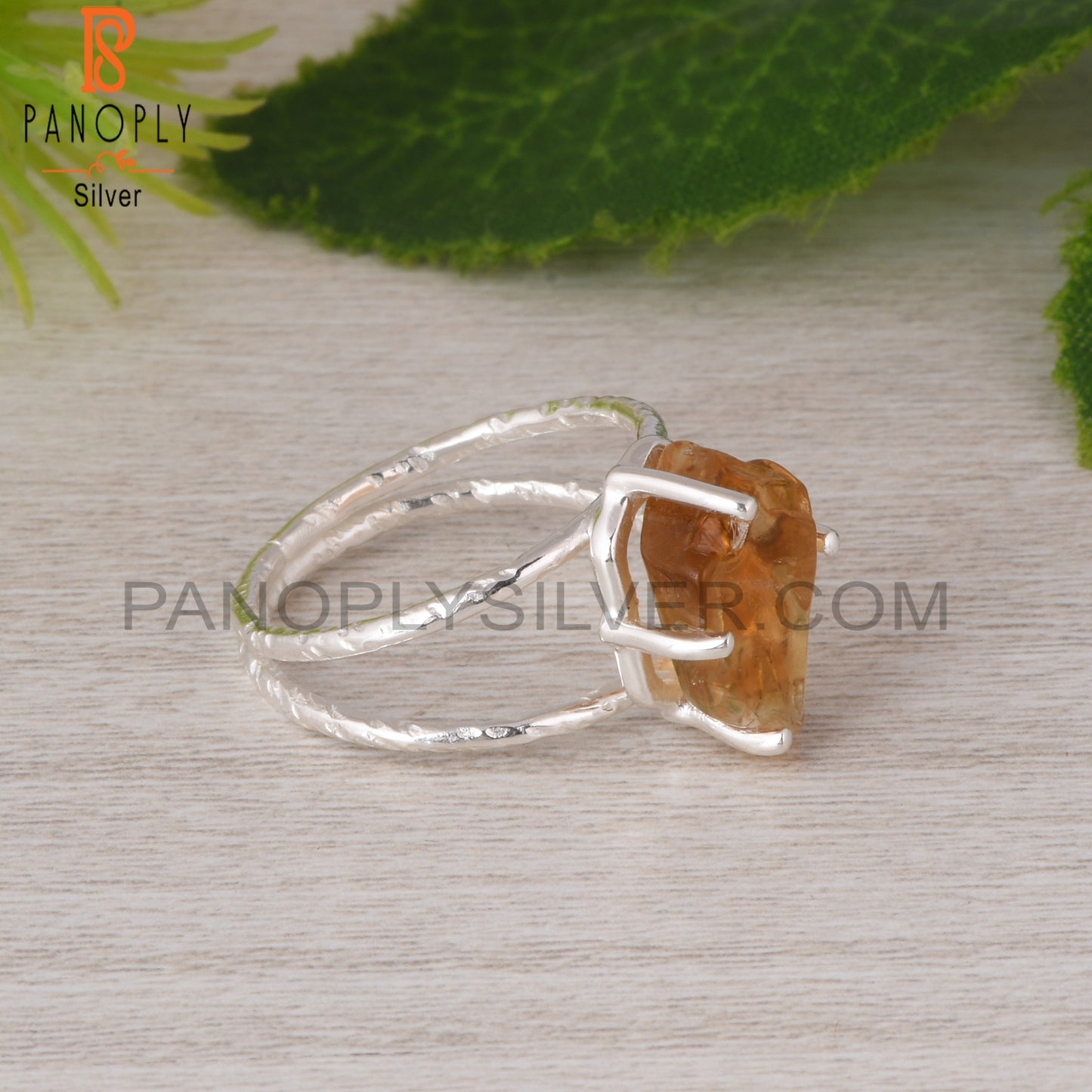 Citrine Rough 925 Sterling Silver Two Band Ring