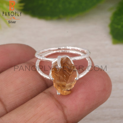 Citrine Rough 925 Sterling Silver Two Band Ring