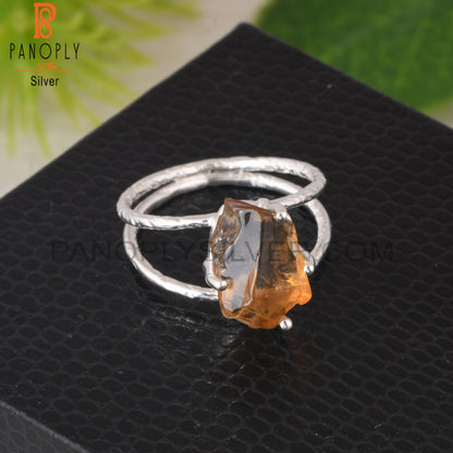 Citrine Rough 925 Sterling Silver Two Band Ring