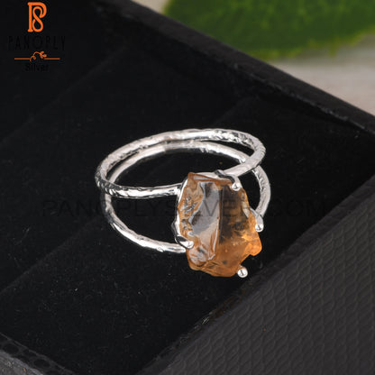 Citrine Rough 925 Sterling Silver Two Band Ring
