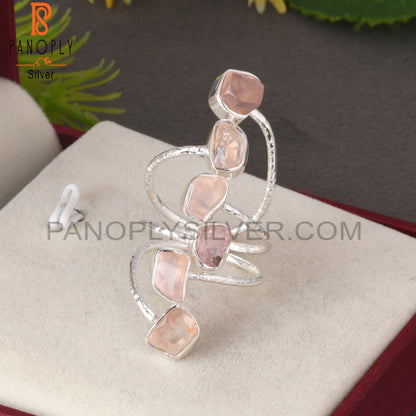 Rose Quartz Rough 925 Sterling Silver Bypass Multi Ring