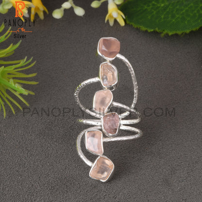 Rose Quartz Rough 925 Sterling Silver Bypass Multi Ring
