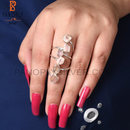Rose Quartz Rough 925 Sterling Silver Bypass Multi Ring