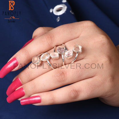 Rose Quartz Rough 925 Sterling Silver Bypass Multi Ring
