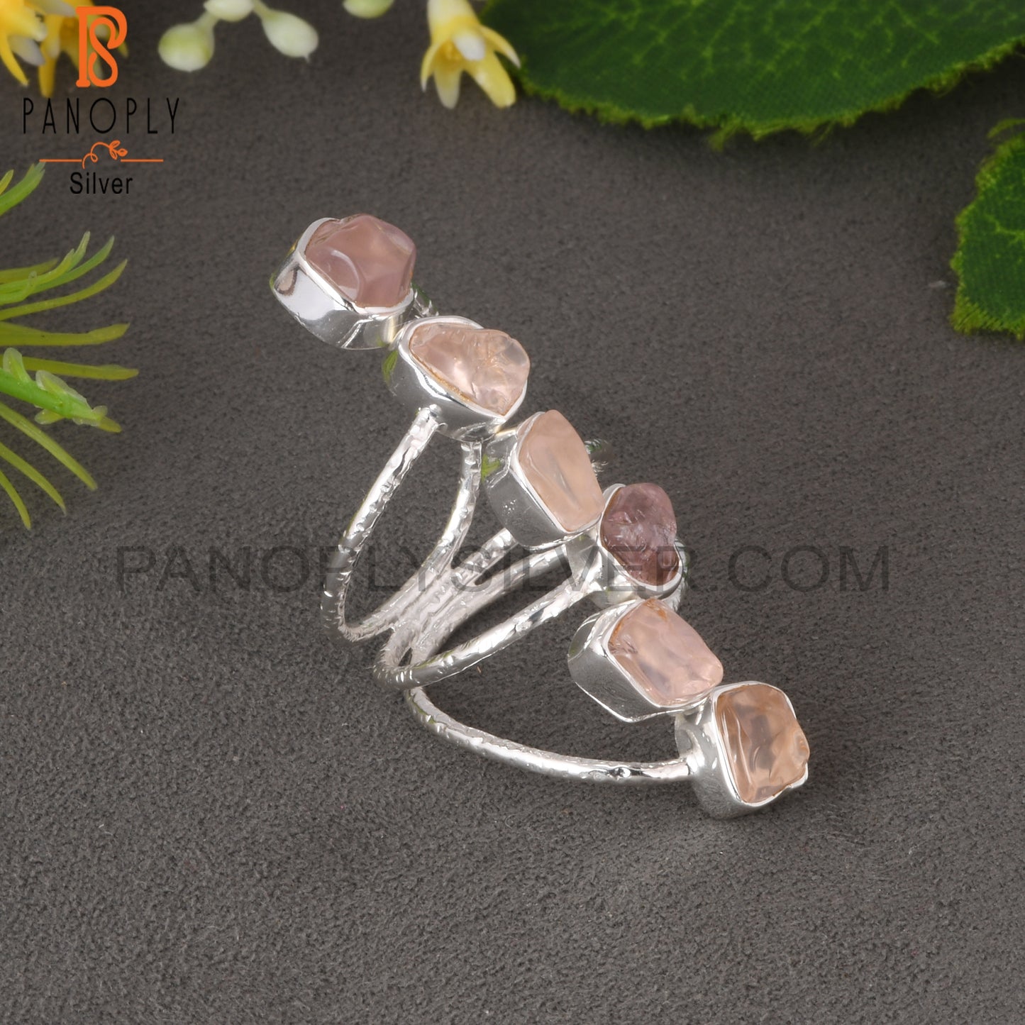 Rose Quartz Rough 925 Sterling Silver Bypass Multi Ring