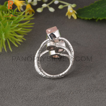 Rose Quartz Rough 925 Sterling Silver Bypass Multi Ring