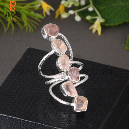 Rose Quartz Rough 925 Sterling Silver Bypass Multi Ring