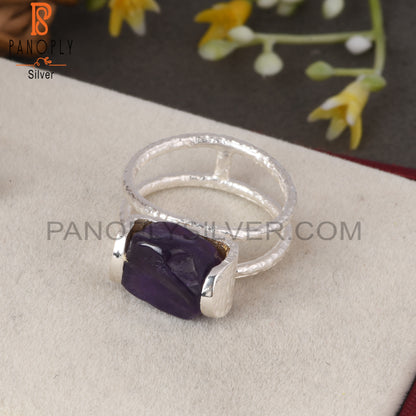 Two Band Amethyst Rough 925 Sterling Silver Ring