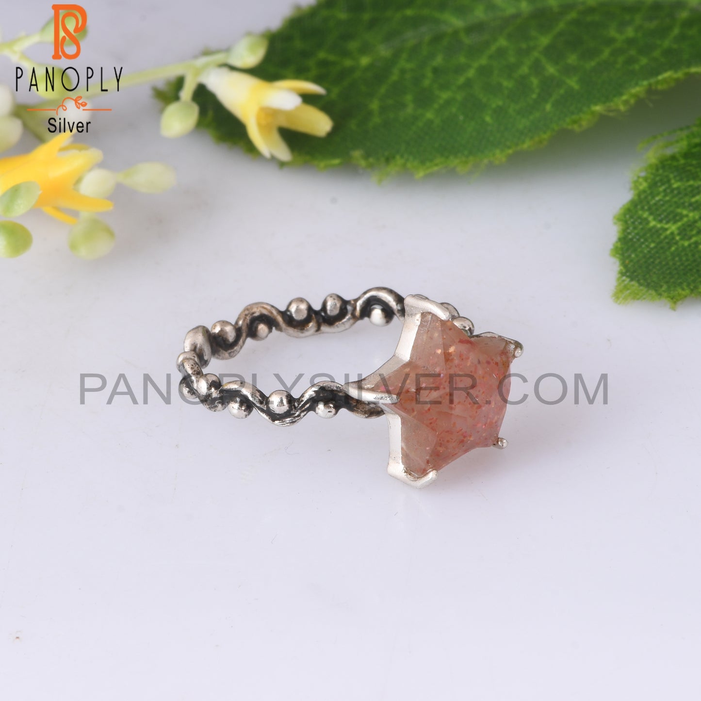 Sunstone Star Shape 925 Sterling Silver Twist Band Ring