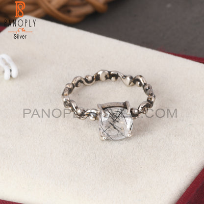 Black Rutile Cushion Shape 925 Sterling Silver Ring