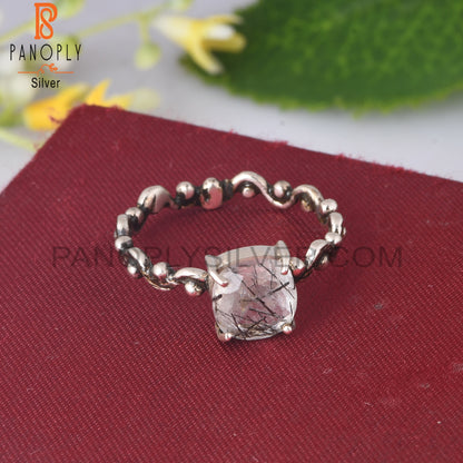 Black Rutile Cushion Shape 925 Sterling Silver Ring
