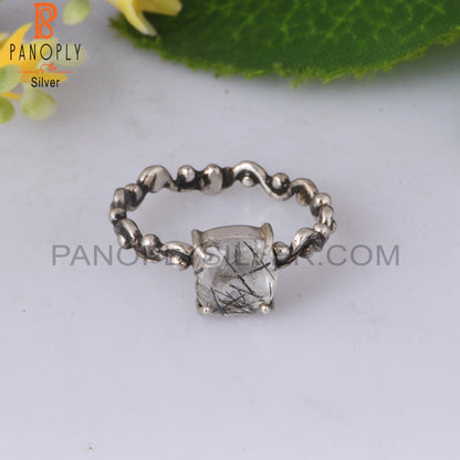 Black Rutile Cushion Shape 925 Sterling Silver Ring