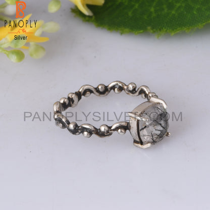 Black Rutile Cushion Shape 925 Sterling Silver Ring