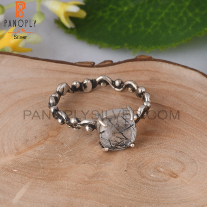 Black Rutile Cushion Shape 925 Sterling Silver Ring