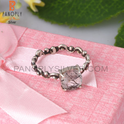 Black Rutile Cushion Shape 925 Sterling Silver Ring