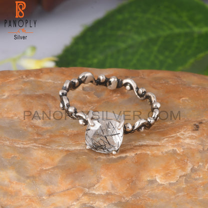 Black Rutile Cushion Shape 925 Sterling Silver Ring
