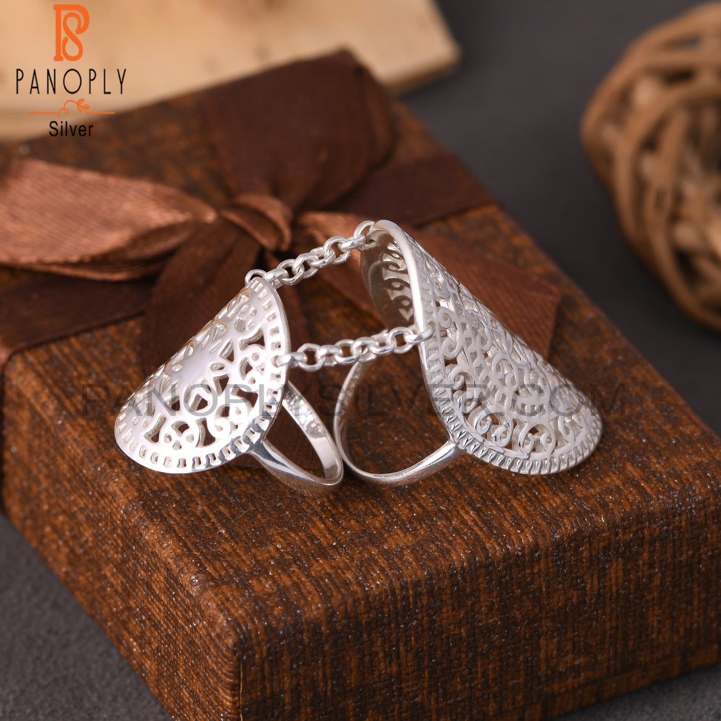 925 Sterling Silver Filigree Mandala Knuckle Double Ring