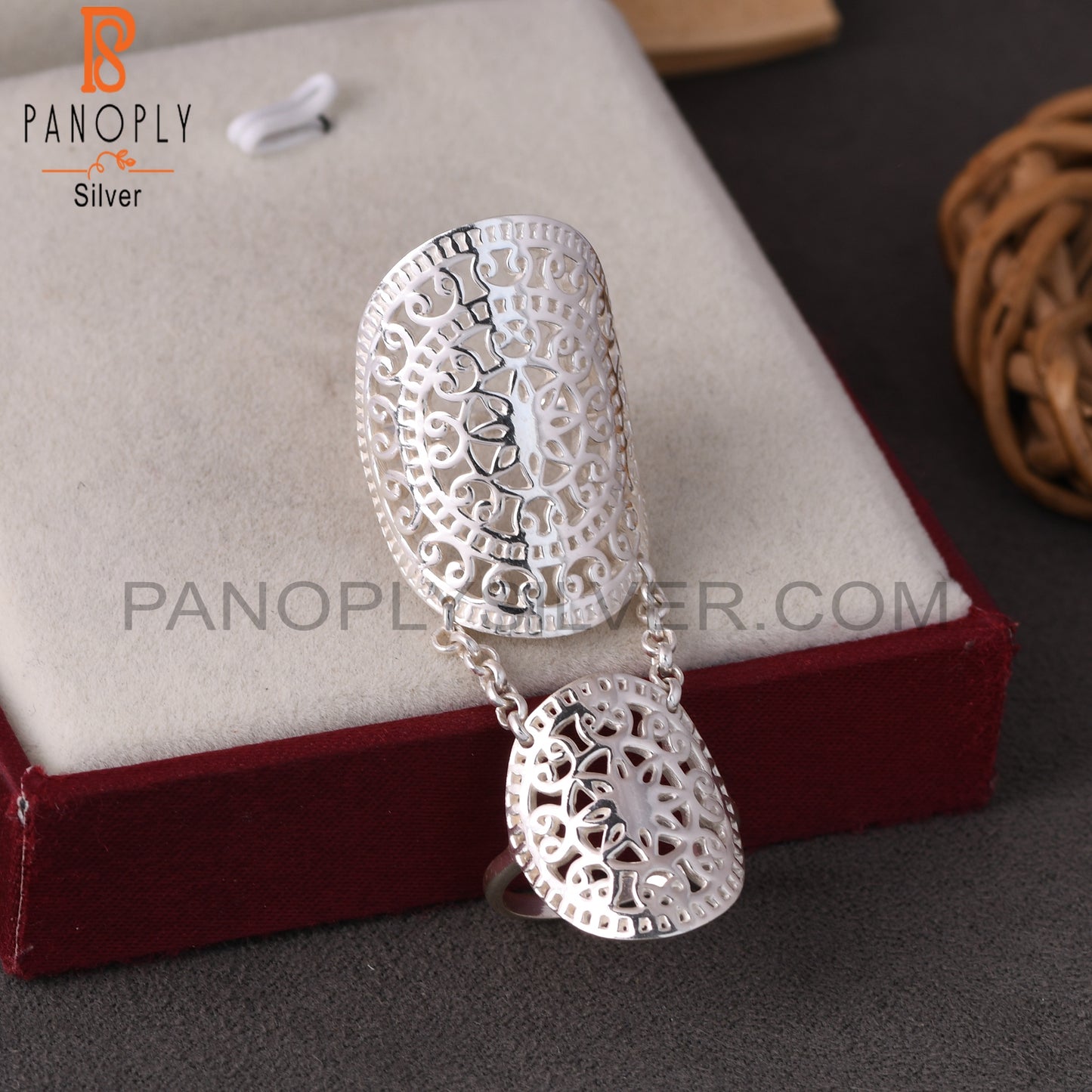 925 Sterling Silver Filigree Mandala Knuckle Double Ring
